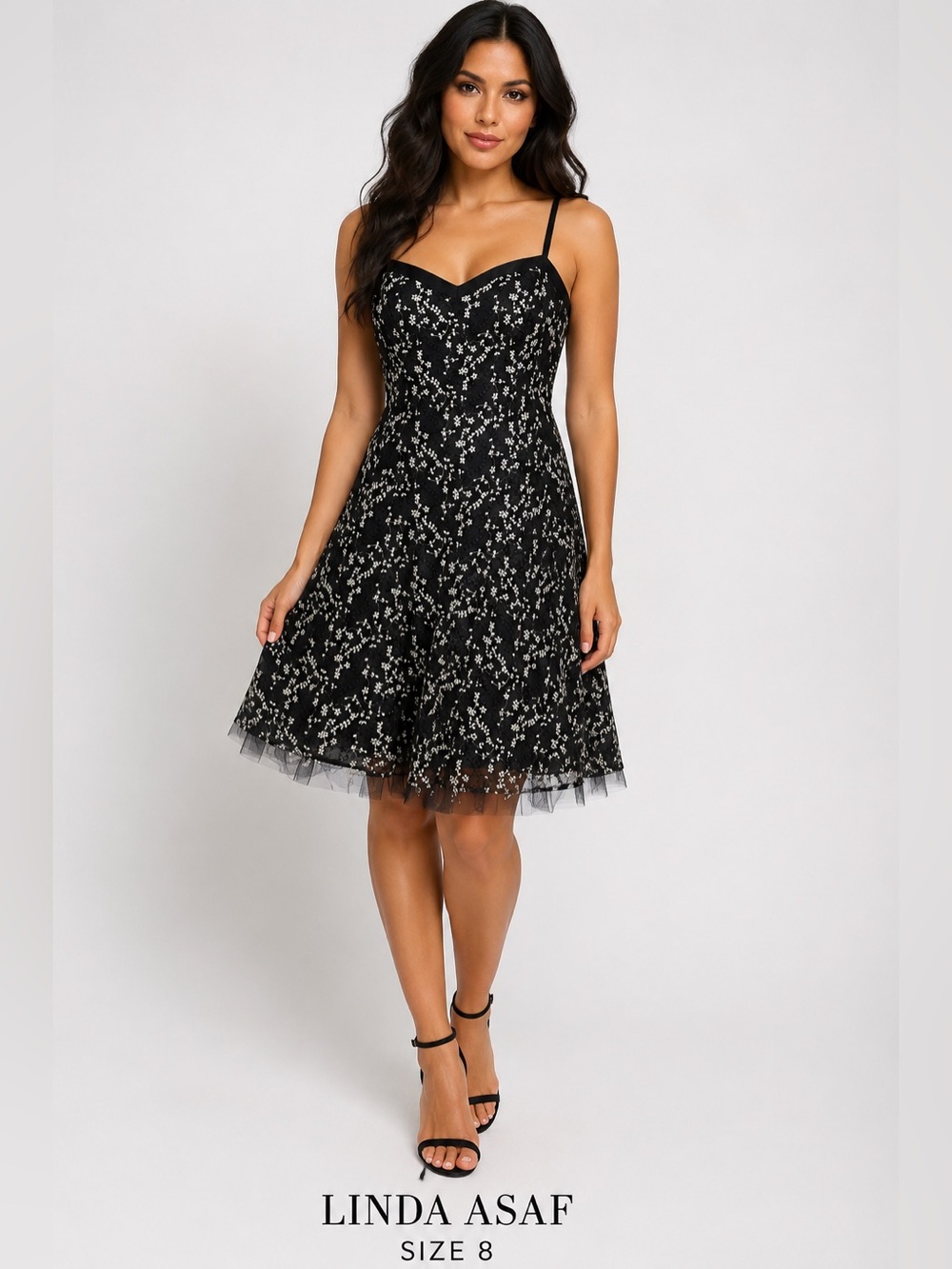 Linda Asaf Y2K Black Embroidered Floral Mesh Fit & Flare feminine Dress Size 8